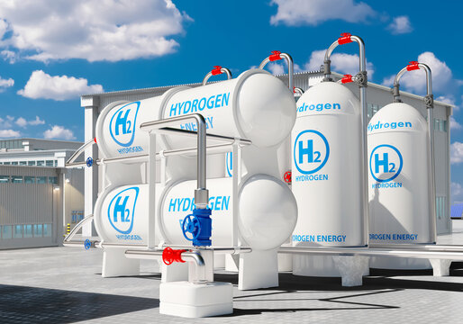 Hydrogen energy. Storage tanks for h2 gas. Industrial zone. Innovative power plant. Tank storage for hydrogen. Generating electricity from water. Factory area on summer day. 