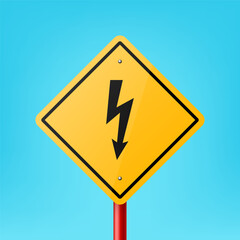 Vector Yellow Blank Rhombus Road Sign Frame with Lightning Icon, Electricity, Electrical Voltage Warning Symbol Icon Closeup on Blue Background. Road Pointer Plate Design Template, Front View