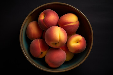 A bowl of peaches on a black background