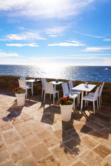Cafe terrace by the seaside in Gallipoli. Architecture of Gallipoli in Apulia, Italy, Europe