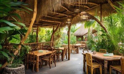 Fototapeta premium a restaurant with a thatched roof and wooden tables and chairs. generative ai