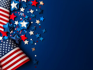 Holiday banner dedicated to Memorial day or Independence day of the 4th of July or labor day with american flag and stars on blue background, copy space. USA flag clolors. Generative AI
