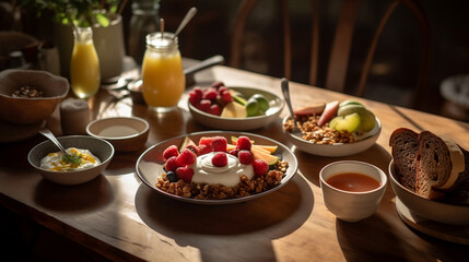 Fototapeta na wymiar breakfast avocado toast, granola, yogurt, and fresh fruit, on a table with morning sunlight streaming in