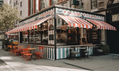  a small restaurant with a striped awning on the side of the street.  generative ai