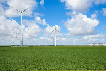 Fototapeten Tal wind turbines in a wind park in the countryside on a sunny summer day © alpegor