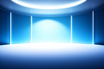 Interior blue futuristic background, sci-fi interior concept. Empty interior with neon lights 3D illustration. 3D rendering Abstract blue room. 