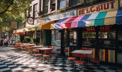  a checkered floor in front of a restaurant with colorful awnings.  generative ai