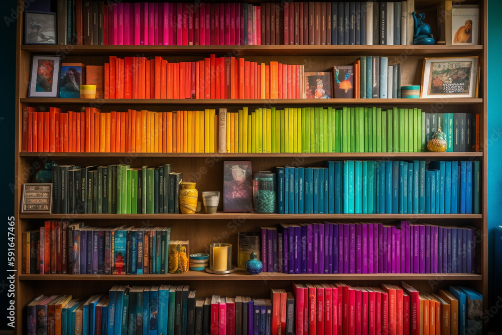 Poster a bookshelf with books arranged by color, world book day generative ai