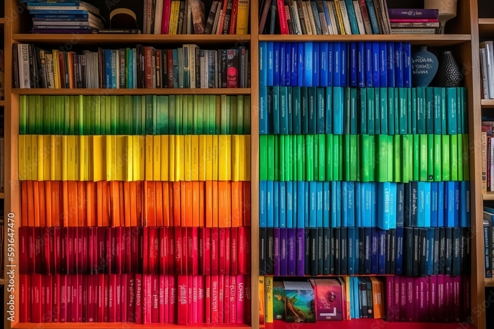 Poster a bookshelf with books arranged by color, world book day generative ai