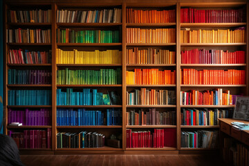 A bookshelf with books arranged by color, World Book Day Generative AI