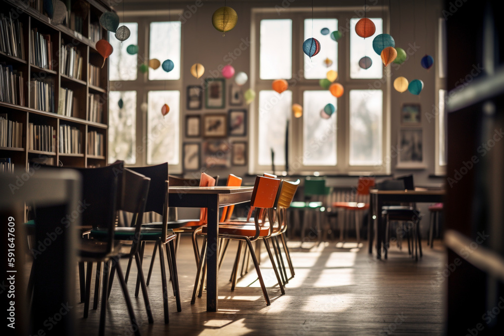 Poster a library with empty chairs and tables, bokeh, world book day generative ai