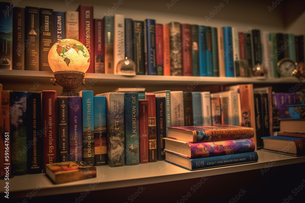Poster a picture of a bookshelf with books arranged by author, bokeh, world book day generative ai