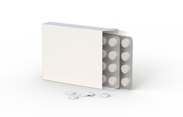 White circle pills in blister pack in cardbox packaging on a transparent background. 3d rendering