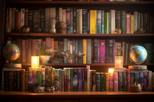 A picture of a bookshelf with books arranged by author, bokeh, World Book Day Generative AI