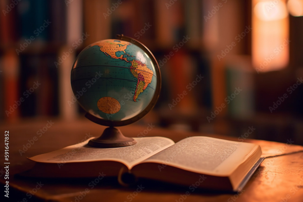 Poster a picture of a book with a globe next to it, bokeh, world book day generative ai