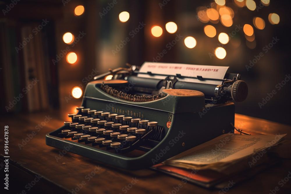 Poster a picture of a book with a typewriter next to it, bokeh, world book day generative ai