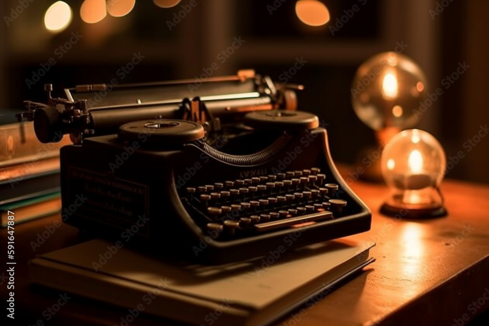 Poster a picture of a book with a typewriter next to it, bokeh, world book day generative ai