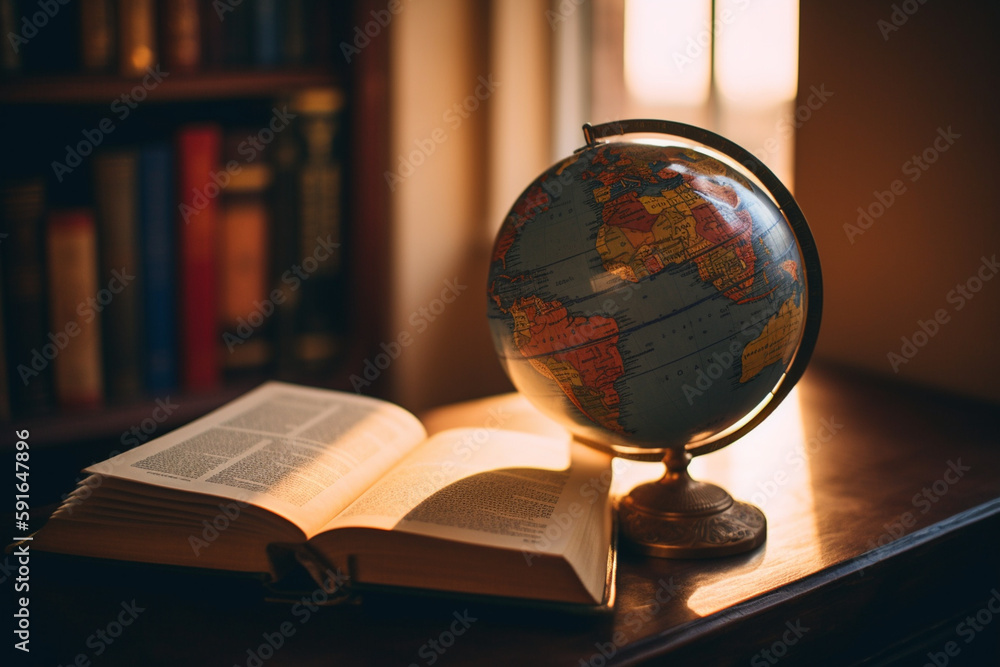 Poster a picture of a book with a globe next to it, bokeh, world book day generative ai