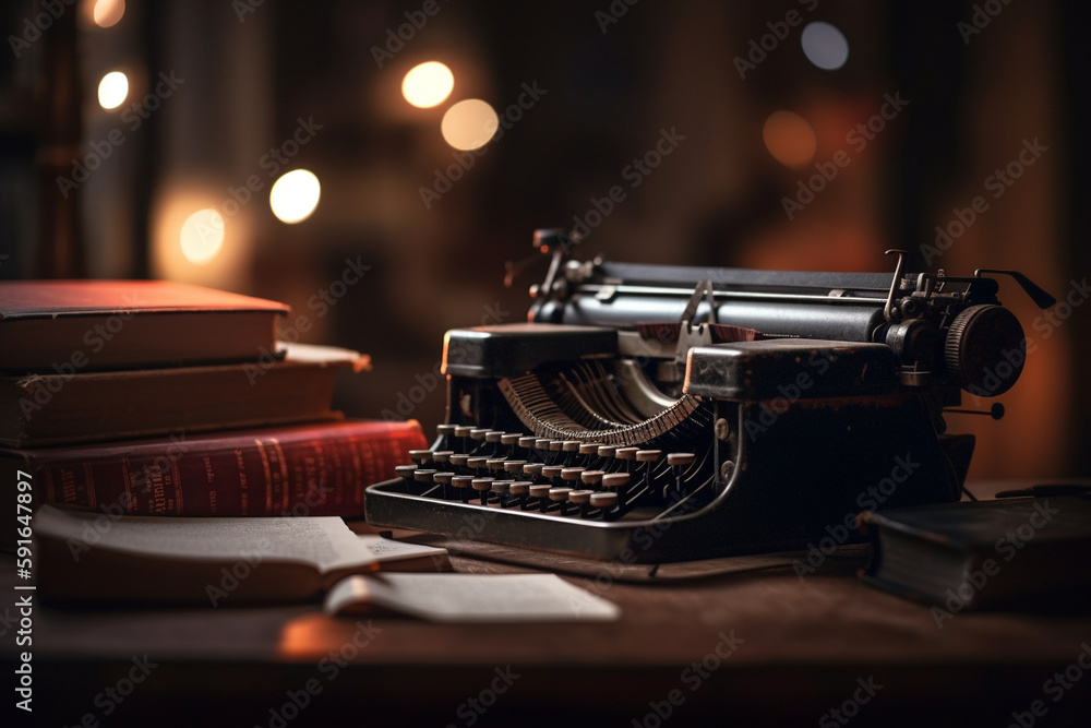 Poster a picture of a book with a typewriter next to it, bokeh, world book day generative ai