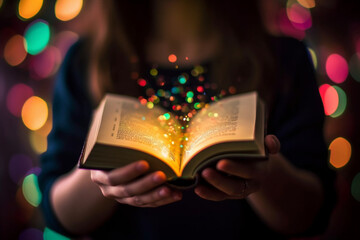 A picture of a person's hands holding an open book, bokeh, World Book Day Generative AI