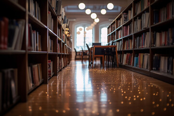 A picture of a library with bookshelves and no people, bokeh, World Book Day Generative AI