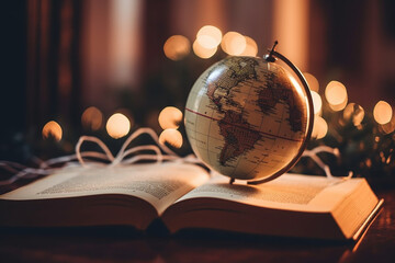 A picture of a book with a globe next to it, bokeh, World Book Day Generative AI