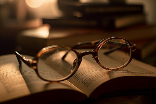 A picture of a book with glasses next to it, bokeh, World Book Day Generative AI