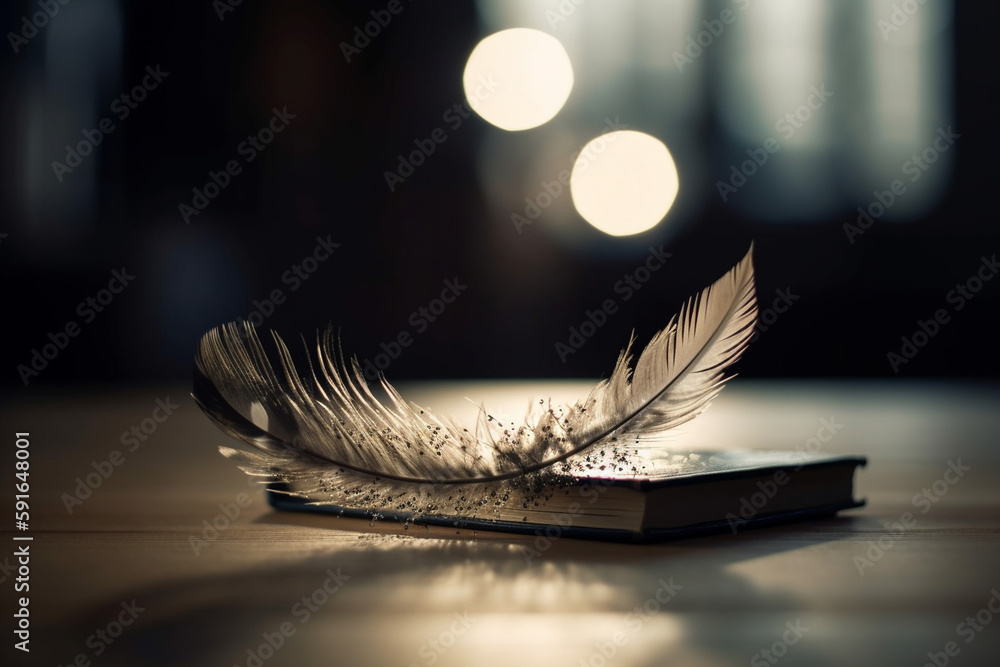 Poster a picture of a book with a feather next to it, bokeh, world book day generative ai
