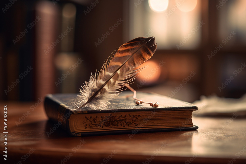 Poster a picture of a book with a feather next to it, bokeh, world book day generative ai