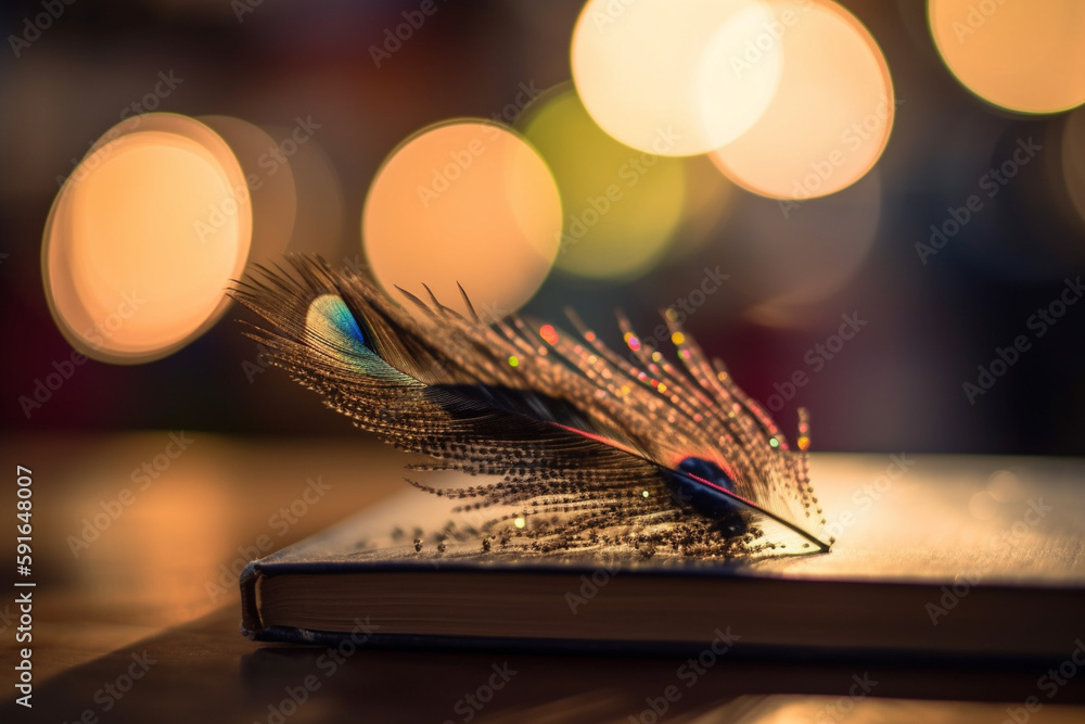 Poster a picture of a book with a feather next to it, bokeh, world book day generative ai