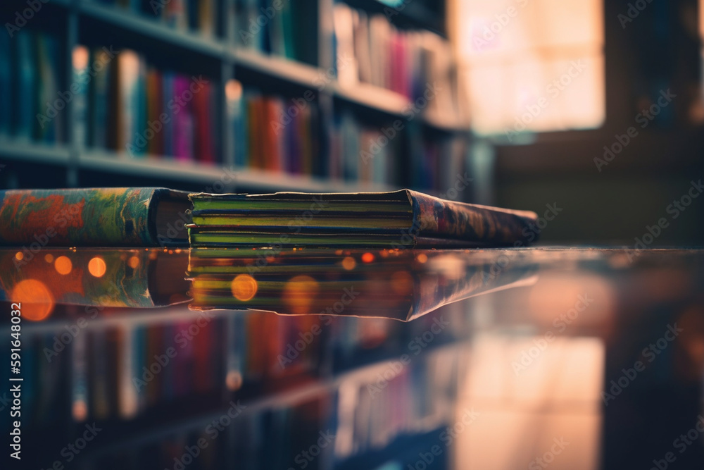 Poster a picture of a book with a bookshelf reflection on its cover, bokeh, world book day generative ai