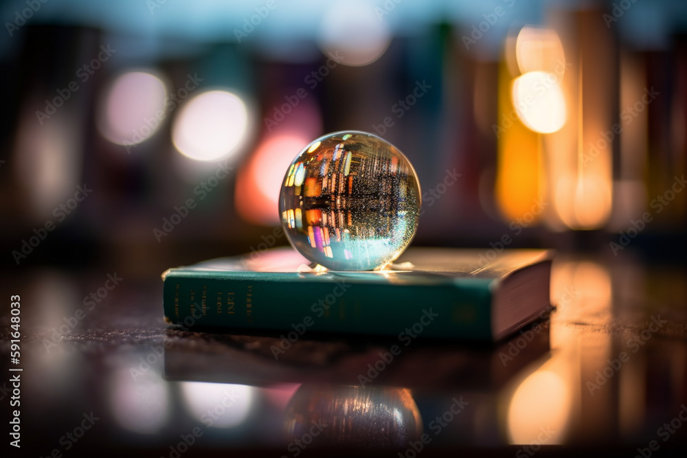 Poster a picture of a book with a bookshelf reflection on its cover, bokeh, world book day generative ai