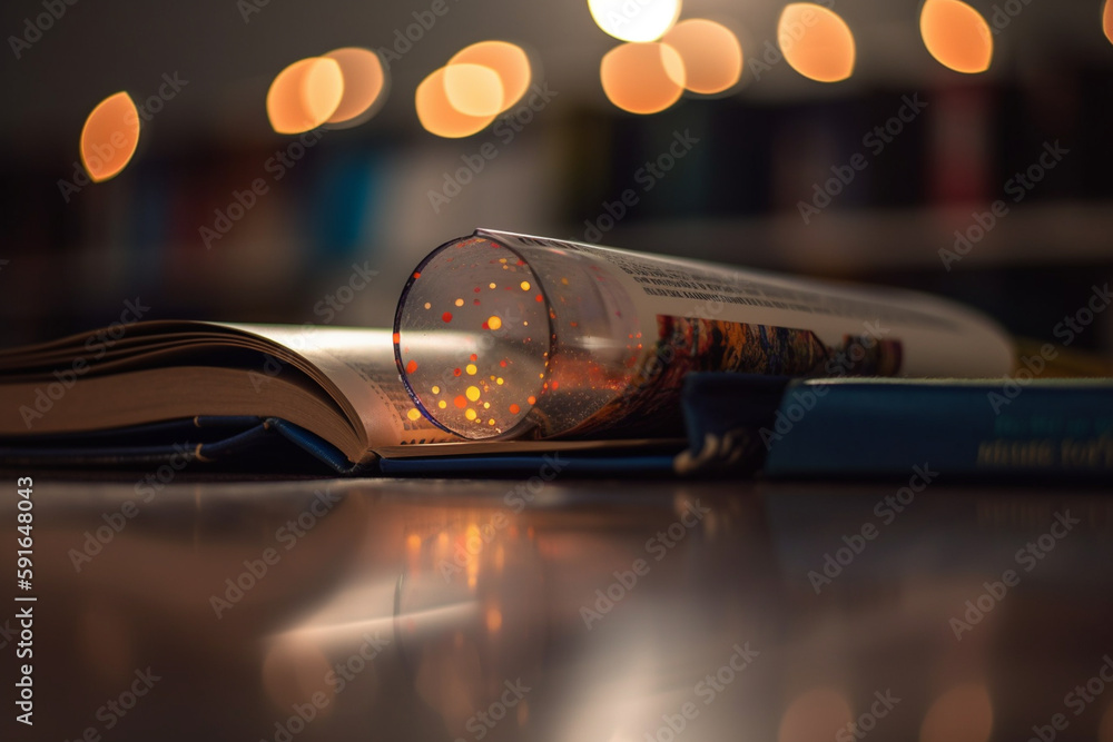 Poster a picture of a book with a bookshelf reflection on its cover, bokeh, world book day generative ai