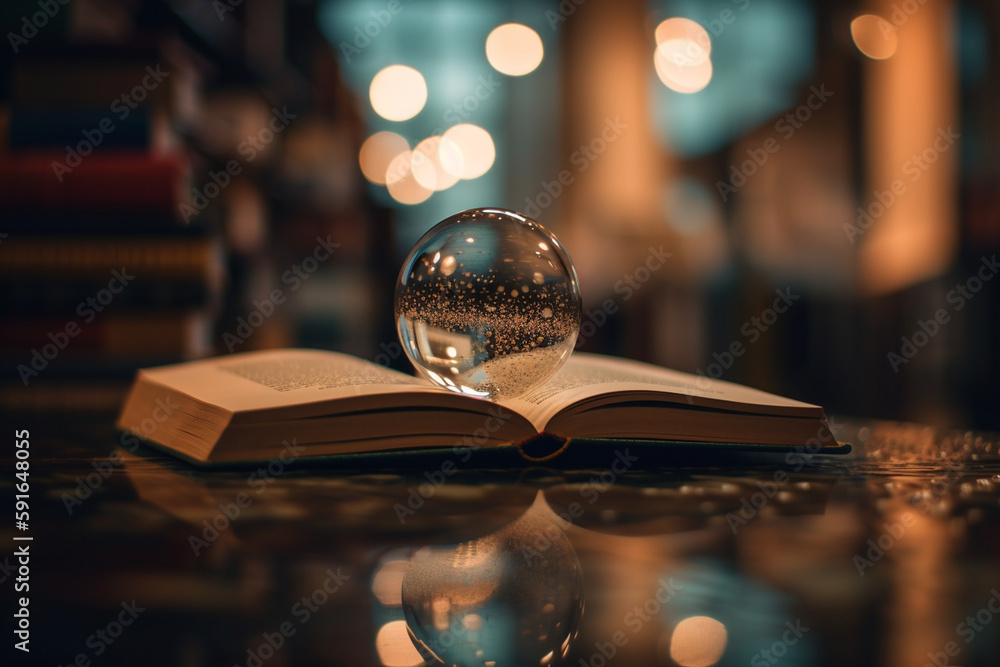 Poster a picture of a book with a bookshelf reflection on its cover, bokeh, world book day generative ai