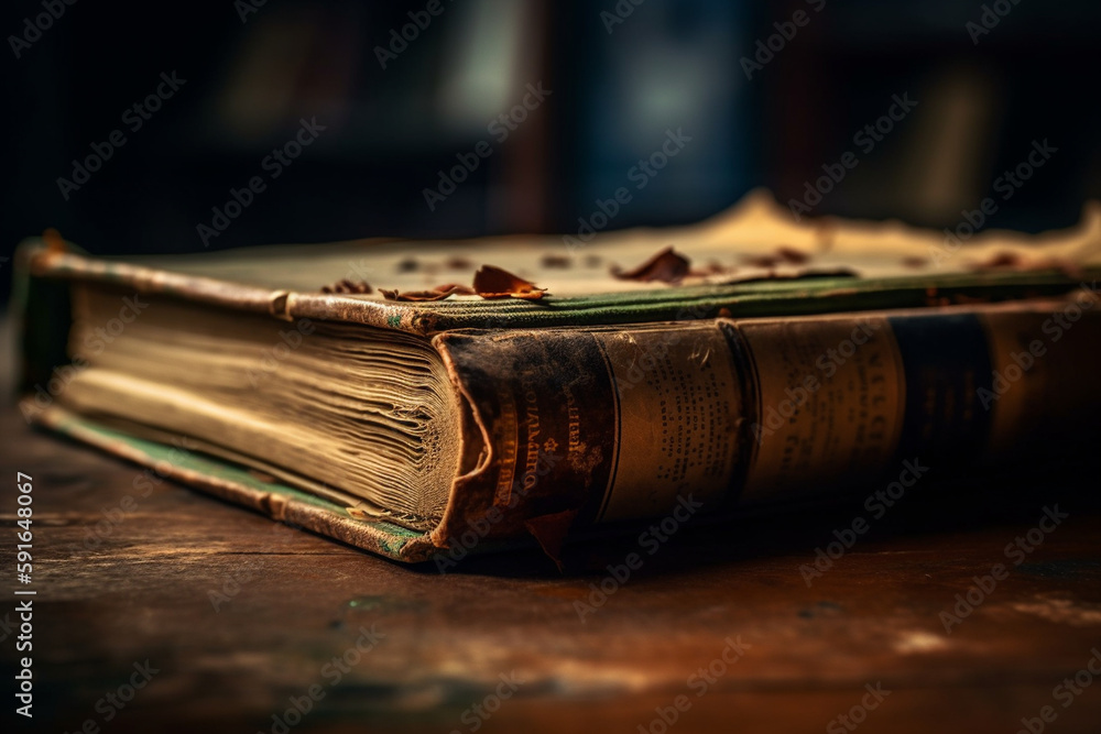 Poster a picture of a book with a worn-out spine and pages, bokeh, world book day generative ai