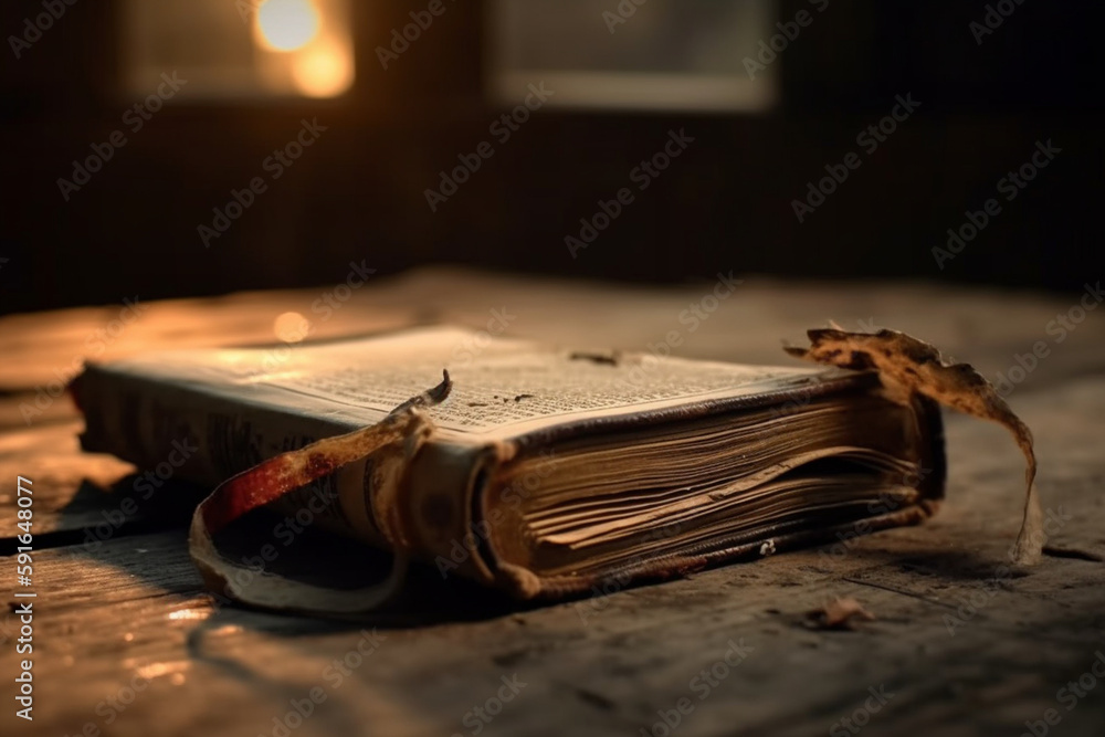 Poster a picture of a book with a worn-out spine and pages, bokeh, world book day generative ai