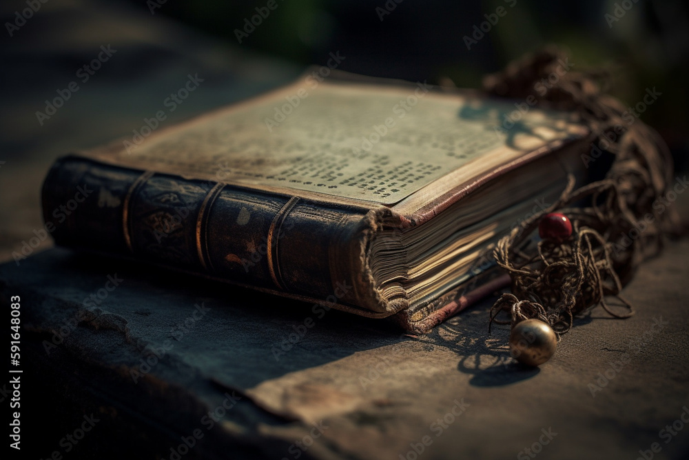 Poster a picture of a book with a worn-out spine and pages, bokeh, world book day generative ai