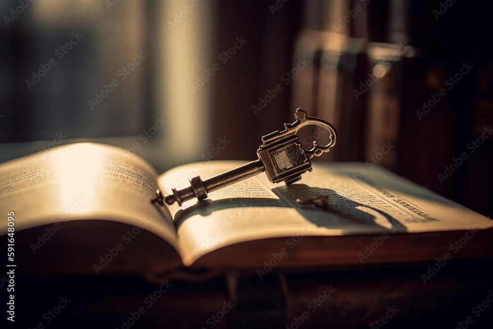 Poster a picture of a book with a key next to it, symbolizing the power of knowledge, bokeh, world book day