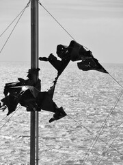 Zerfetzte Fahnen am Mast vor Nordsee