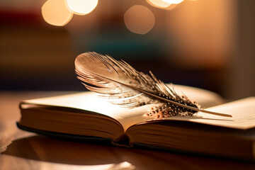 A picture of a book with a feather next to it, bokeh, World Book Day Generative AI