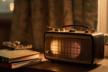 A picture of a book with a vintage radio next to it, bokeh, World Book Day Generative AI