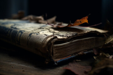 A picture of a book with a worn-out spine and pages, bokeh, World Book Day Generative AI