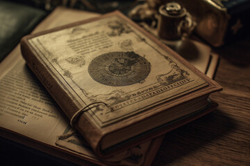 A picture of a book with a vintage bookplate inside, bokeh, World Book Day Generative AI