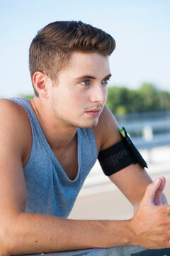 Portrait of Young Man wearing Pedometer, Worms, Rhineland-Palatinate, Germany