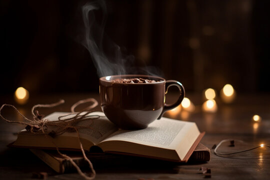 A picture of a book with a bookmark and a cup of hot cocoa, bokeh, World Book Day Generative AI