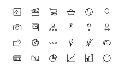 Basic icons set. Thin line icons collection. Business, Media, Shopping, Finance, Contact, Technology, Commerce icon collection