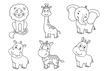 Obraz na płótnie Canvas Linear sketches, coloring pages of little cute animals of the African savannah. Vector graphics.