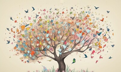  a painting of a tree with many butterflies flying around it.  generative ai