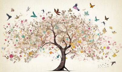  a tree with lots of butterflies flying around the branches and branches.  generative ai