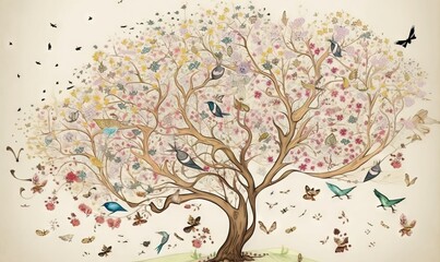  a painting of a tree with many birds flying around it.  generative ai